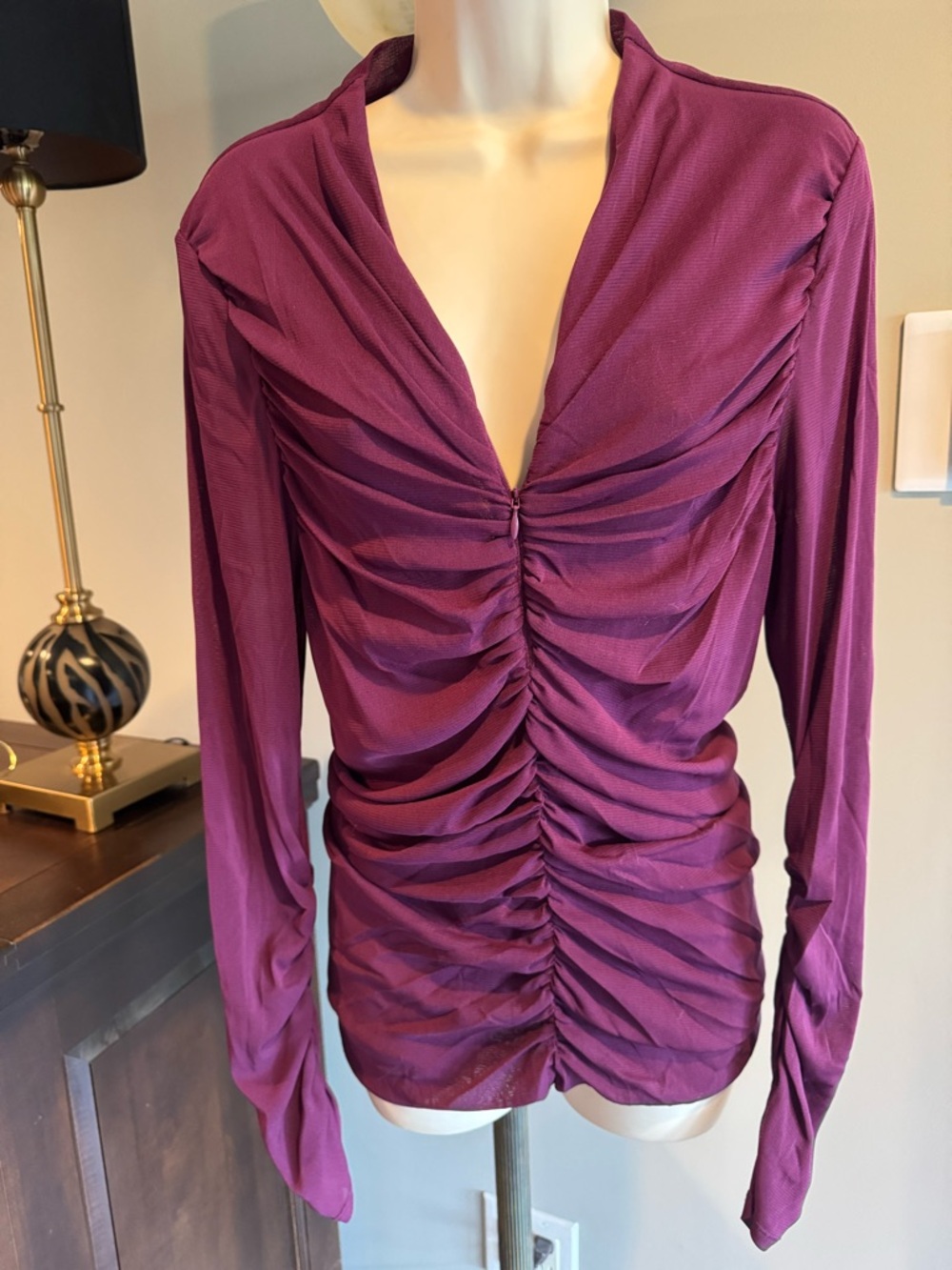 Diane Von Furstenberg DVF Deep V Ruched Long Sleeve Top - Plum Size XL